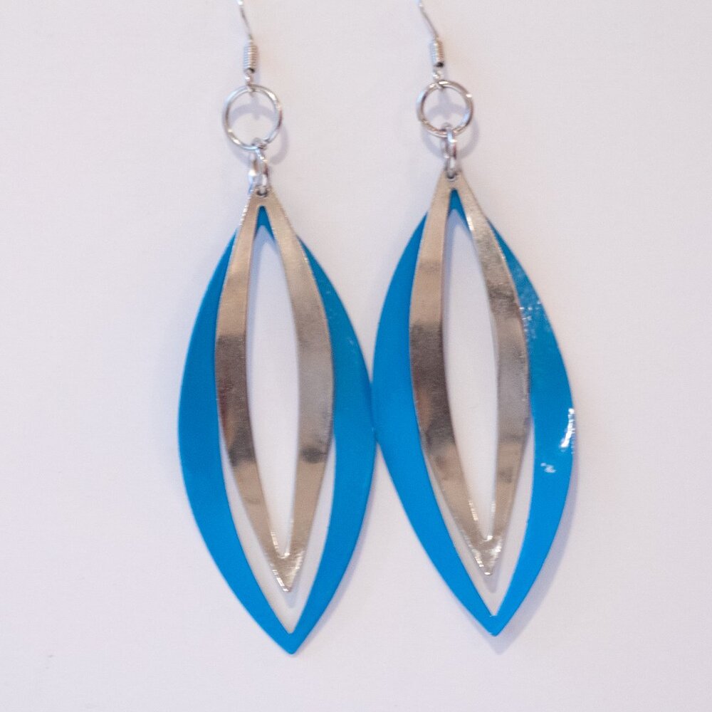 Large Turquoise Enamel and Small Silver-tone Leaf Shaped Drop Earrings